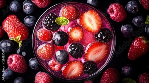 Fresh berry drink with ice, top view, surrounded by berries photo