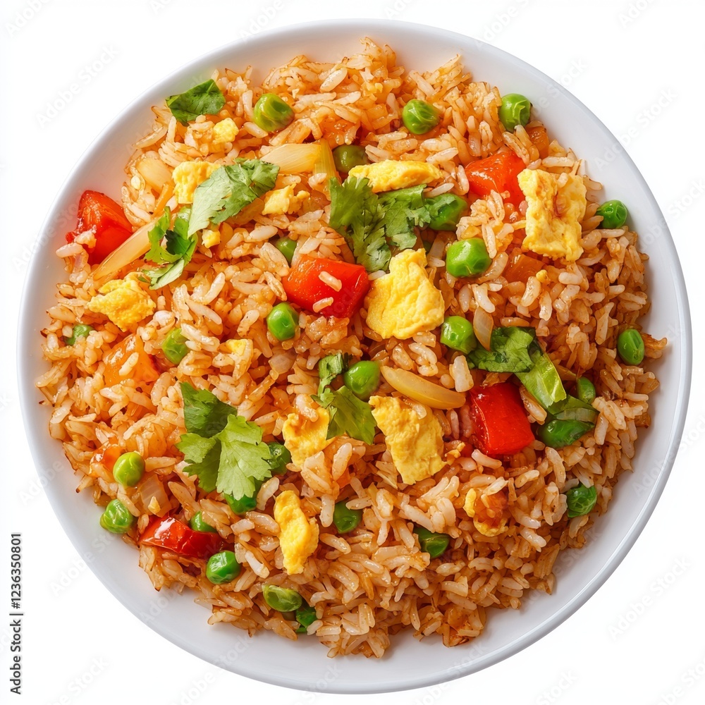Colorful Fried Rice with Eggs and Vegetables in a White Bowl on White Background Colorful Fried Rice with Eggs and Vegetables in a White Bowl on White Background