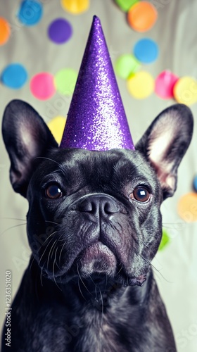 Wallpaper Mural French bulldog celebrates with sparkly purple party hat against colorful confetti backdrop Torontodigital.ca