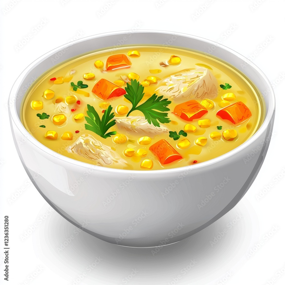 Creamy Chicken Corn Soup in a White Bowl Garnished with Fresh Herbs and Colorful Vegetables Creamy Chicken Corn Soup in a White Bowl Garnished with Fresh Herbs and Colorful Vegetables