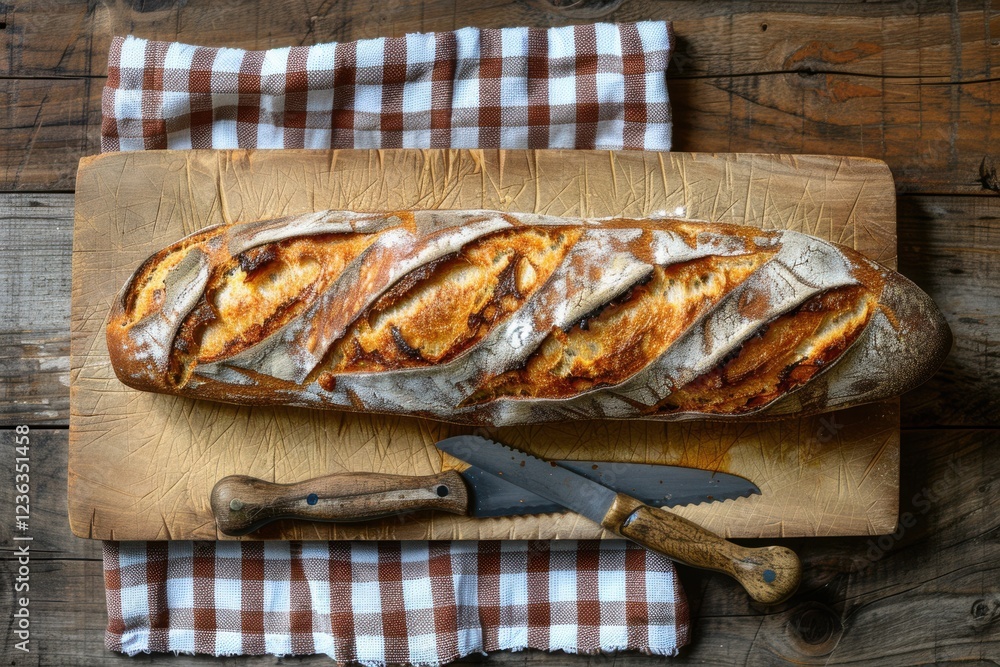 A photograph of a French baguette, fresh out of the oven with a crispy golden crust. Taken on a wooden cutting board with a bread knife. A photograph of a French baguette, fresh out of the oven with a crispy golden crust. Taken on a wooden cutting board with a bread knife.