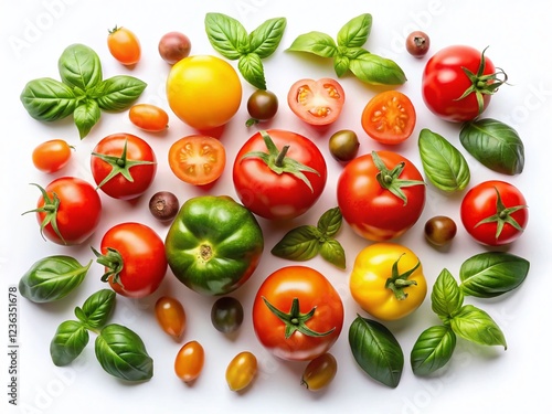 Colorful Tomatoes and Basil Leaves in Low Light Photography