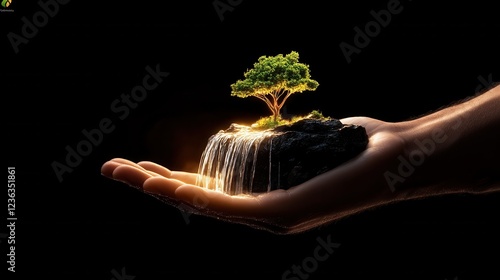 Surreal art of a waterfall flowing into a human hand, blending nature and human responsibility for water conservation photo