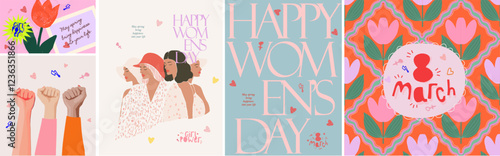 International Women's Day. March 8. Vector illustration of seamless pattern with tulip, girl power, female fist, women of different races for greeting card, poster, postcard, background or invitation