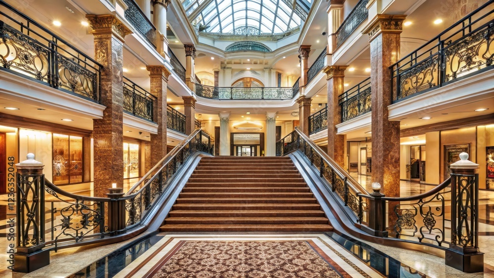 Fototapeta premium Grand staircase with intricate details and ornate railings leading to the upper floor of a shopping mall entrance area , carpeted floor, retail space