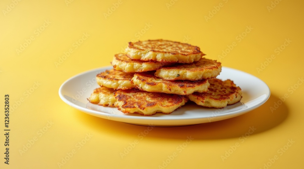Crispy deruny potato pancakes served on a smooth white plate against a muted yellow background Crispy deruny potato pancakes served on a smooth white plate against a muted yellow background