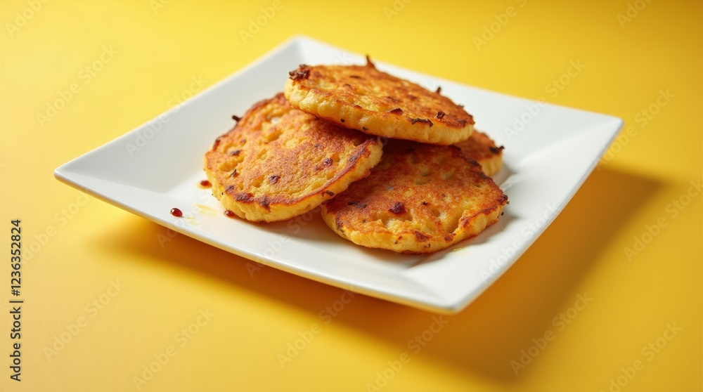 Crispy deruny potato pancakes served on a smooth white plate against a muted yellow background Crispy deruny potato pancakes served on a smooth white plate against a muted yellow background