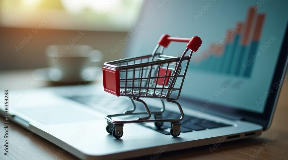 Mini shopping cart on laptop keyboard; online shopping concept. Mini shopping cart on laptop keyboard; online shopping concept.