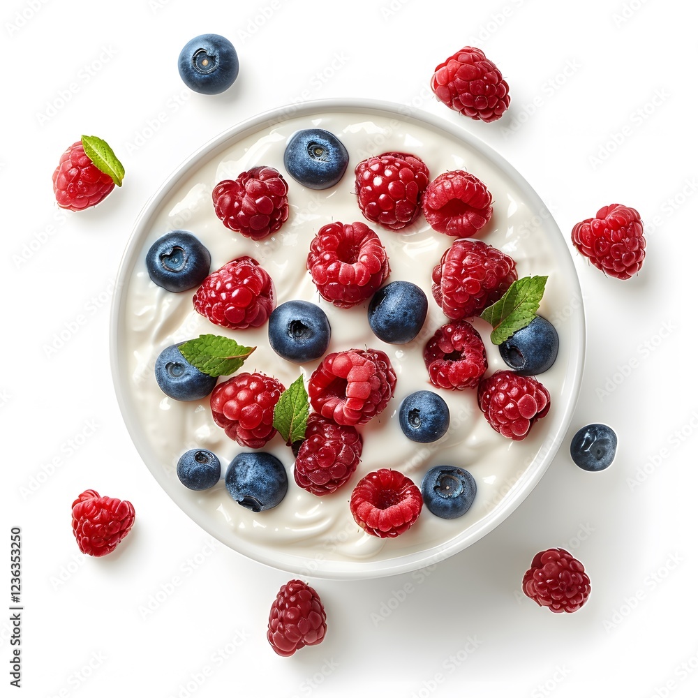 Fresh Yogurt Bowl with Mint, Blueberries and Raspberries on White Background Fresh Yogurt Bowl with Mint, Blueberries and Raspberries on White Background