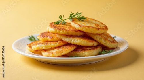 Crispy deruny potato pancakes served on a smooth white plate against a muted yellow background 