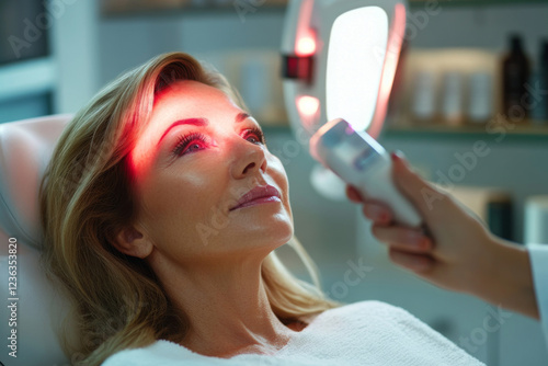 Mature woman receiving facial light therapy session for skin lift effect. Facial beauty procedure in cosmetology salon. Close up of 50 years old female face during rejuvenation procedure in clinic photo