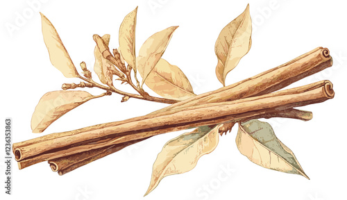 A beautiful winter botanical illustration of a fragrant cinnamon stick, captured in soft beige tones with vintage charm, creating a serene and warm atmosphere.