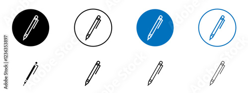 Fountain pen icons collection in black and blue on white background