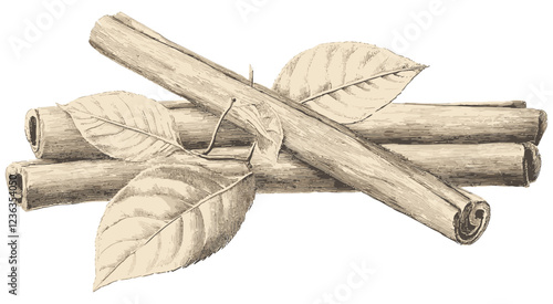 The essence of winter captured in a vintage botanical illustration, showcasing a fragrant cinnamon stick in delicate soft beige tones, ideal for seasonal decor.