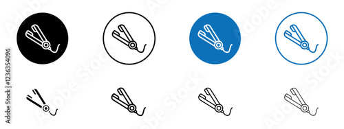 Hair straightener icons collection in black and blue on white background