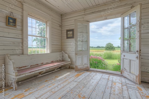 A photograph of a Quaker meeting house, people in silent worship, simple and serene. photo