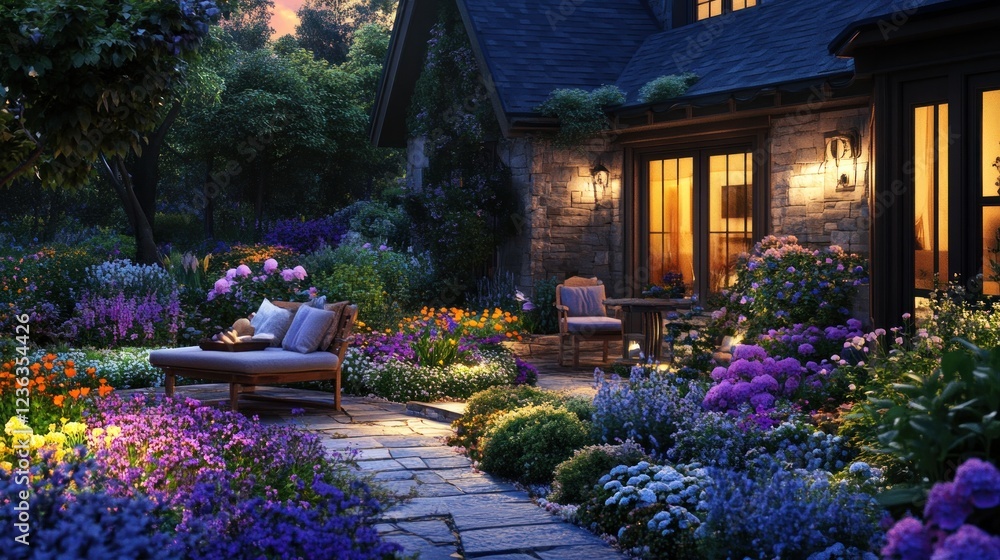 Obraz premium Evening Serenity: Illuminated Garden Path and Stone House