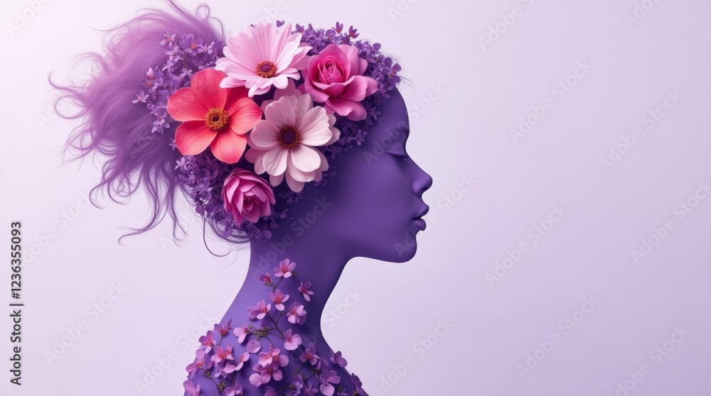 A girl's silhouette with purple hair made of flowers, symbolizing International Women's Day, against a light purple backdrop A girl's silhouette with purple hair made of flowers, symbolizing International Women's Day, against a light purple backdrop