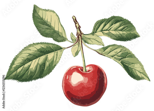 Old-fashioned botanical illustration of maraschino cherry and green leaves, perfect for creating a festive holiday ambiance