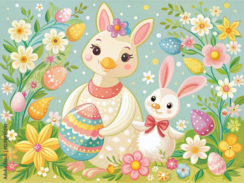 Obraz premium Cute Goose and Bunny Happy Easter Print in Pastel Colors Mom and Baby