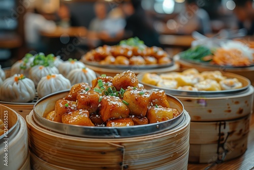 A photograph of a savory Chinese dim sum, with dumplings, buns, and spring rolls, in a traditional Chinese teahouse.  photo