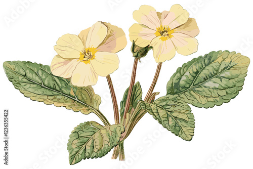 Vintage primrose flower botanical illustration with soft yellow and pink hues, intricate details on leaves and stems, capturing delicate floral art