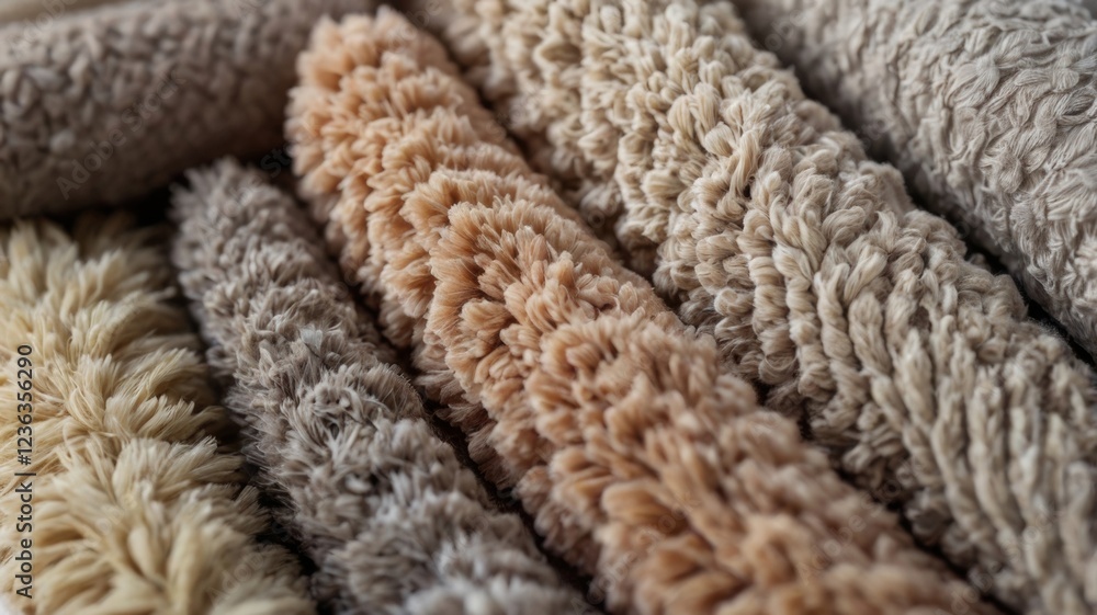 A close-up view of chenille fabric samples in various neutral colors, beautifully arranged to showcase their texture details A close-up view of chenille fabric samples in various neutral colors, beautifully arranged to showcase their texture details
