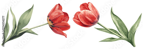 Elegant vintage botanical illustration showcasing a red tulip flower, surrounded by soft green foliage, creating a festive and sophisticated atmosphere.