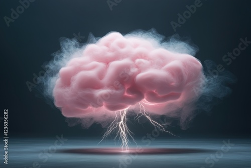 Creative concept showing a pink brain surrounded by lightning and fog for a striking visual effect photo