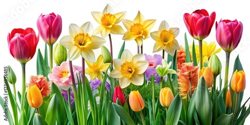 Crisp white backdrop showcases solitary daffodils and tulips; architectural lines subtly implied.