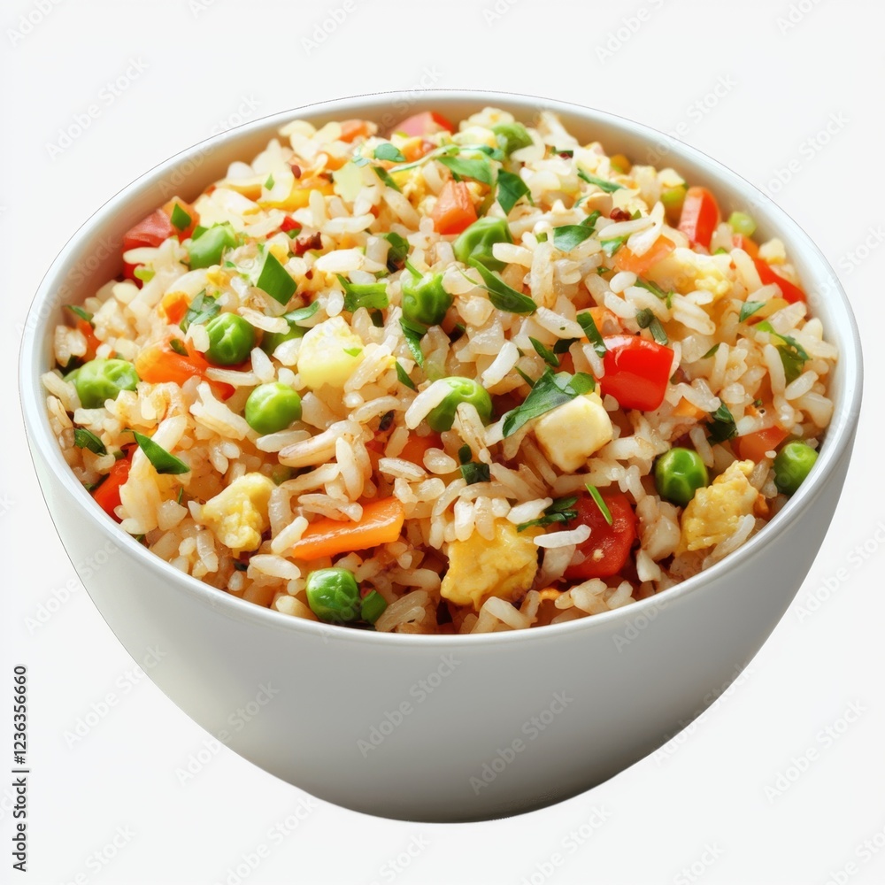 Colorful Vegetable Fried Rice in Elegant White Bowl with Fresh Ingredients and Vibrant Garnish Colorful Vegetable Fried Rice in Elegant White Bowl with Fresh Ingredients and Vibrant Garnish