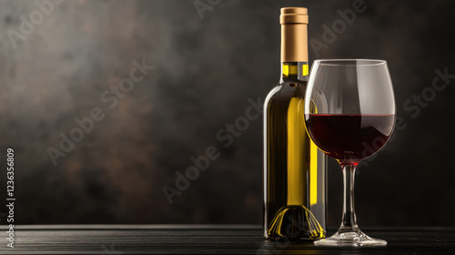 glass filled with red wine beside bottle on dark table, creating elegant atmosphere. Perfect for wine lovers and dining settings