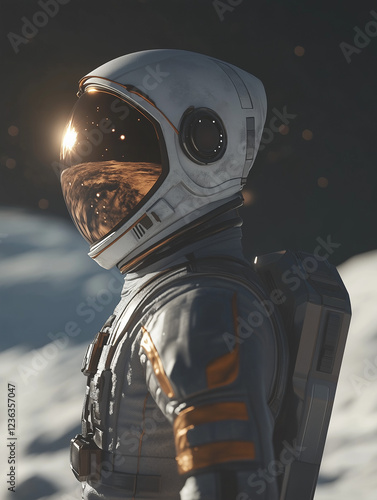 Futuristic astronaut gazing into the distance with helmet reflecting cosmic light. Space exploration, sci-fi adventure, and interstellar discovery concept.
