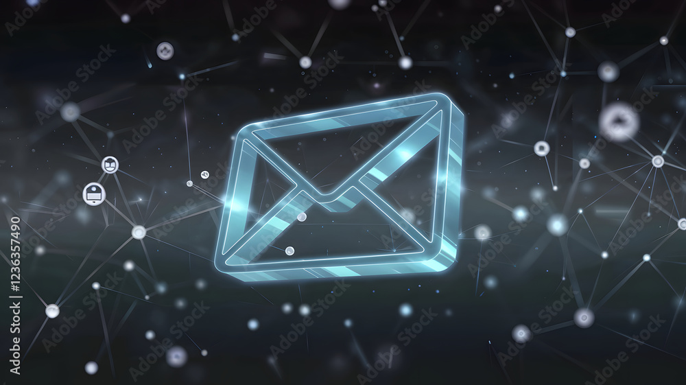 Glowing email icon in a digital network. Glowing email icon in a digital network.