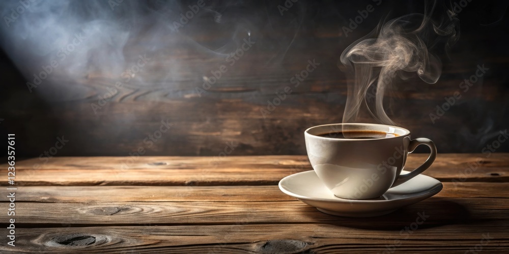 A steaming cup of coffee on a rustic wooden table with warm light illuminating the scene A steaming cup of coffee on a rustic wooden table with warm light illuminating the scene