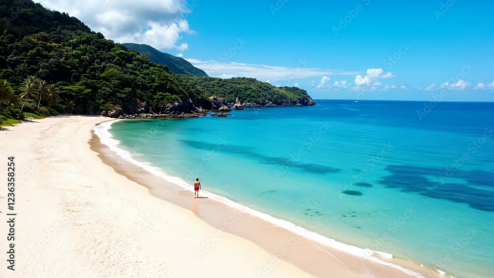 Serene naturist beach scene with a person walking along the shore, surrounded by lush greenery and calm waters Serene naturist beach scene with a person walking along the shore, surrounded by lush greenery and calm waters