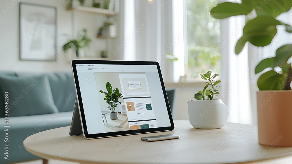 Fototapeta premium mockup prototype preview. A modern workspace featuring a tablet on a wooden table, surrounded by greenery, with a comfortable couch in the background, creating a cozy atmosphere.