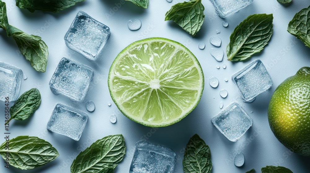 Fresh lime, mint, and ice beverage ingredients on a light blue surface Fresh lime, mint, and ice beverage ingredients on a light blue surface