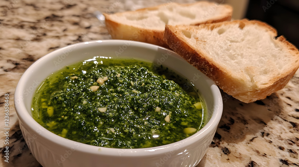 Basil pesto, made with fresh basil, garlic, pine nuts, and olive oil, perfect for spreading on bread or mixing into pasta. Basil pesto, made with fresh basil, garlic, pine nuts, and olive oil, perfect for spreading on bread or mixing into pasta.