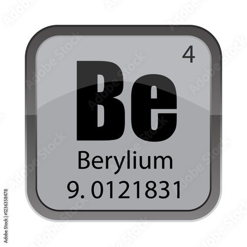 Beryllium element vector. Symbol Be sample. Number 4 four. Mass 9.0121831 nine point zero one two one eight three one.