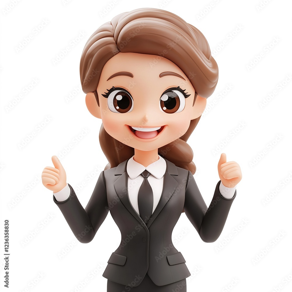 cute 3d cartoon illustration happy smiling businesswoman in suit and necktie on white background cute 3d cartoon illustration happy smiling businesswoman in suit and necktie on white background