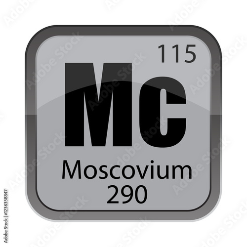 Moscovium 115 tile. MC chemical label. Vector periodic element. Glossy gray border.