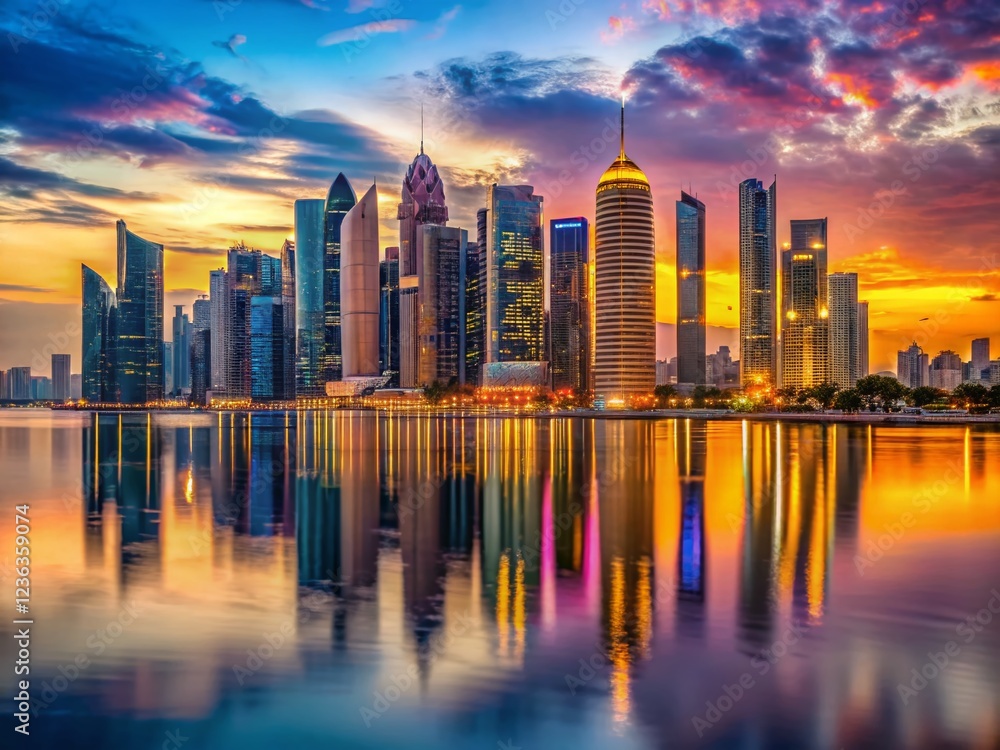 Obraz premium Doha Skyline Panorama at Sunset in Qatar