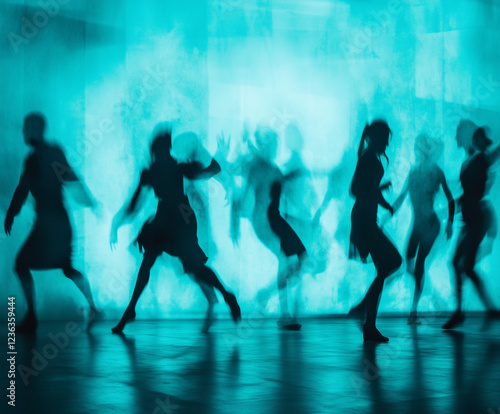 Abstract motion blur of dancing silhouettes against a glowing blue background. Expressive movement, modern dance performance, and artistic light effects.
