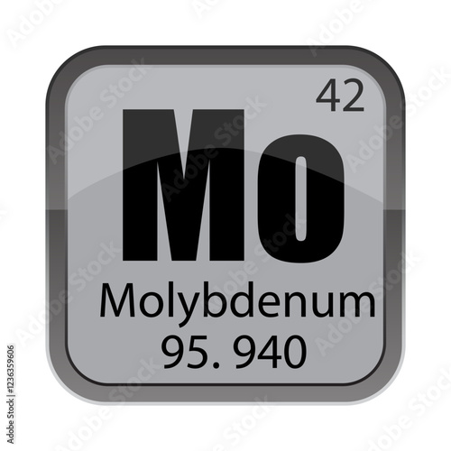 Molybdenum element icon. Symbol Mo 42. Mass 95.940 property. Periodic table block.