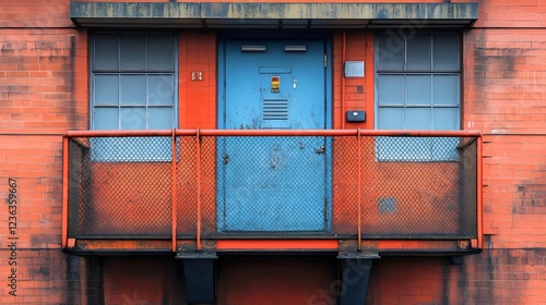 A blue door with a yellow sign on it