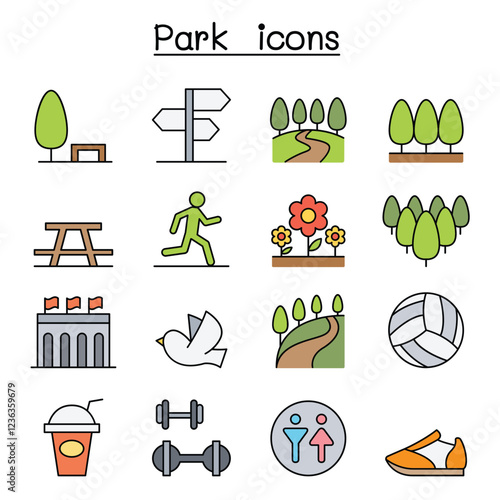 Park, Public Park, national park, garden icon set in thin line style