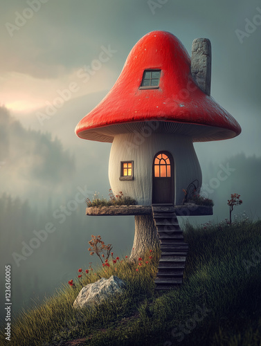 Whimsical mushroom house on a misty hillside surrounded by lush greenery. Fairy tale fantasy landscape with magical lighting and cozy charm.
 photo