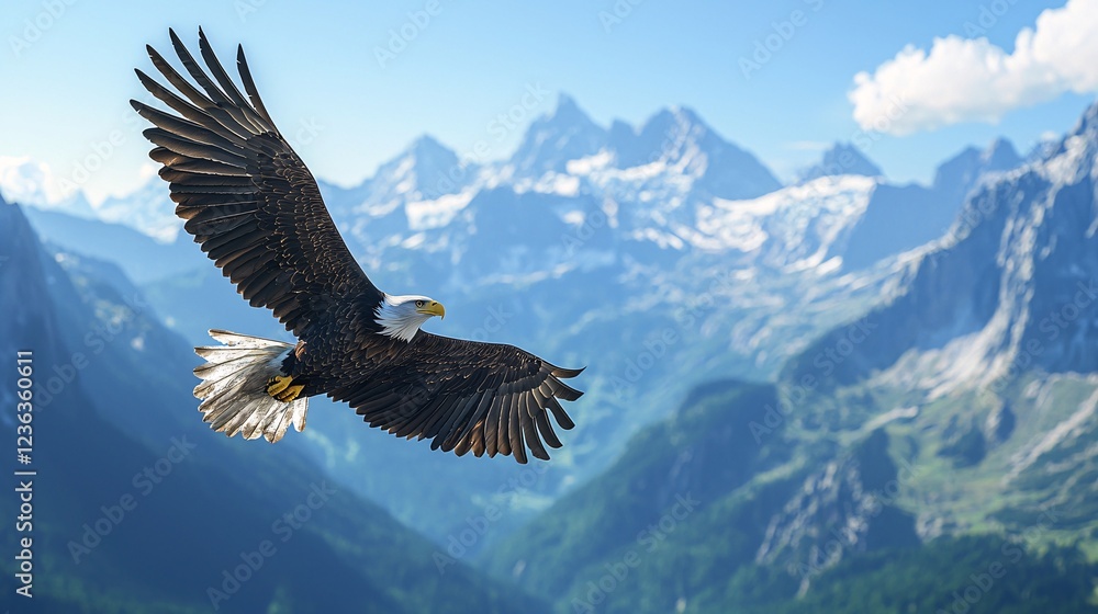 Majestic Eagle Soaring Over Breathtaking Mountain Landscape in Clear Blue Sky Majestic Eagle Soaring Over Breathtaking Mountain Landscape in Clear Blue Sky