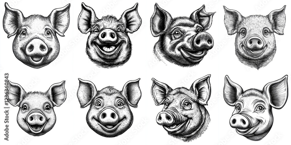 Fototapeta premium Happy Hogs Vintage Engraving - Eight cheerful pig portraits, a charming vintage style, symbolizing joy, farm life, contentment, good fortune, and wholesomeness.